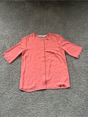 Pedro Del Hierro Coral Short-Sleeve button down Blouse Lightweight Crewneck Top